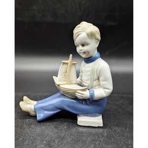Vintage Hand Painted Blue & White Boy With Sailboat Figurine Germany GDM 5.25"‎